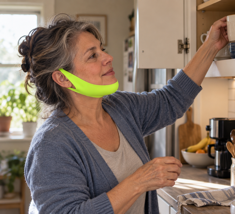 Woman in her 60s using a laptop at home while wearing the V-Line mask