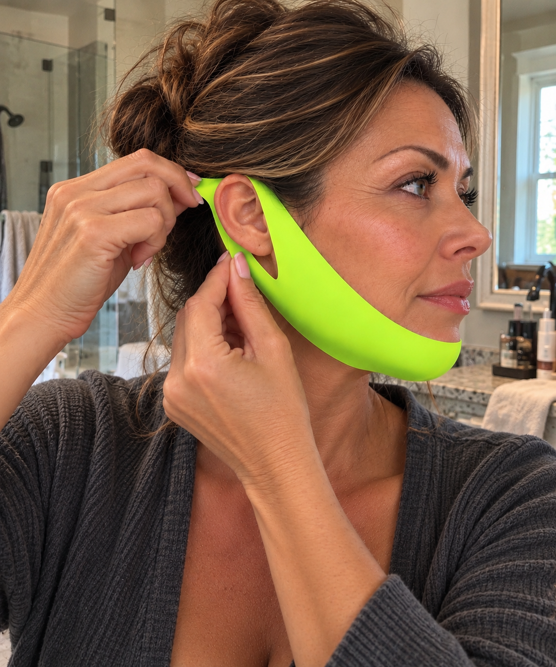 Woman in her 50s securing the V-Line cooling mask behind her ear