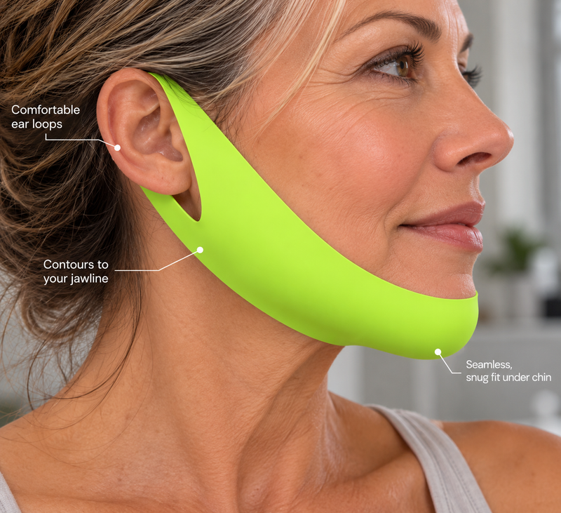 Woman in her 60s wearing the V-Line mask, with callouts explaining how it works
